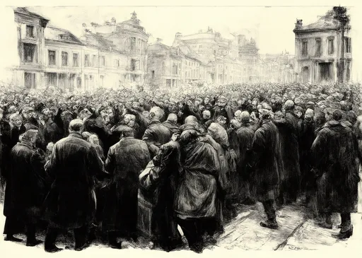 Prompt: kathe kollwitz-style artwork depicting a dramatic scene with crowd of people from wwii in Poland