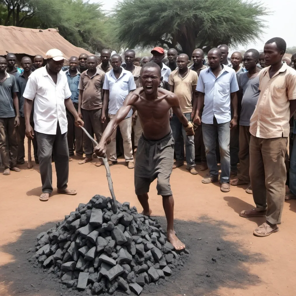 Prompt: A short man in s fighting with Africa charcoal sellers