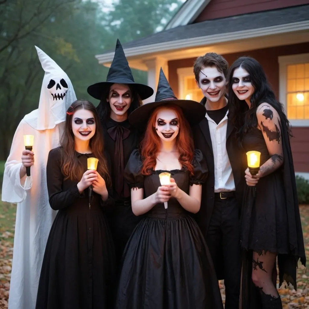 Prompt: A group of friends dressed in Halloween costumes—Jake (a vampire with pale skin and fangs), Emily (a witch with a pointed hat and black dress), Sarah (a ghost with a white sheet and face paint), and Tom (a zombie with tattered clothes and fake wounds)—smiling and holding flashlights.