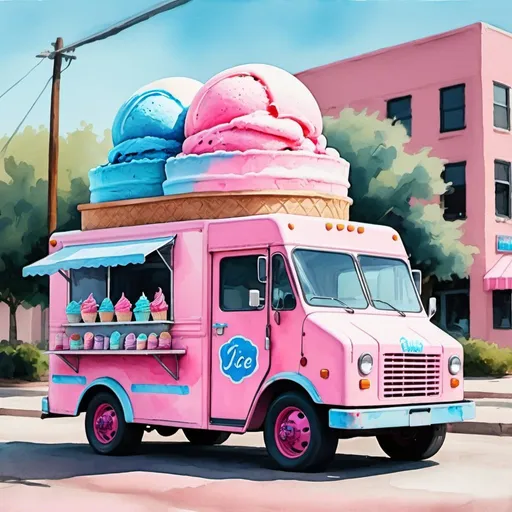 Prompt: ice cream truck pink and blue water color painting style