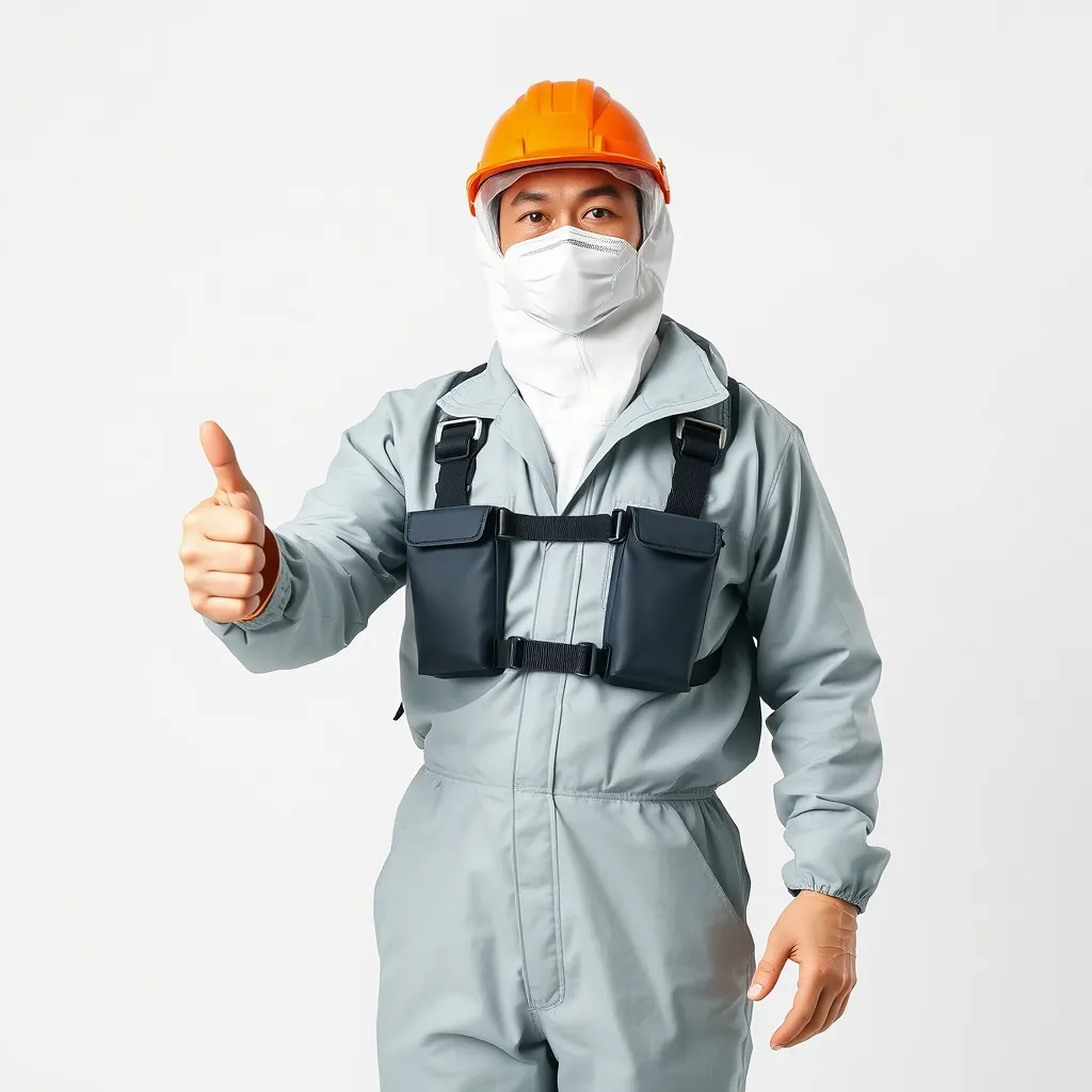 Prompt: fullbody view of pert control worker, front face, fullbody, chinese, white background, Thumbs Up, wearing protective suit

