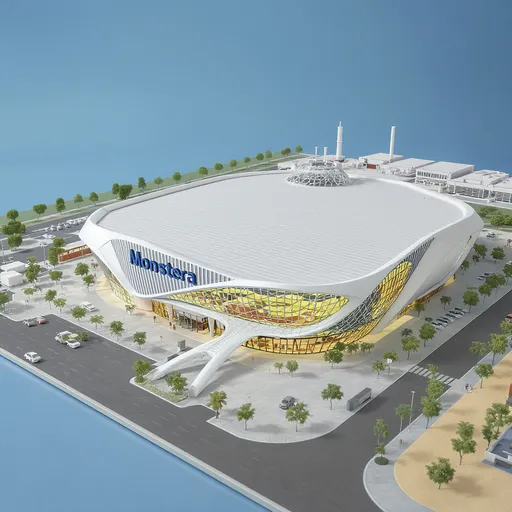 Prompt: architectural Model, Monstera Plant Concept, PTFE Roofing,Mall,drawing 