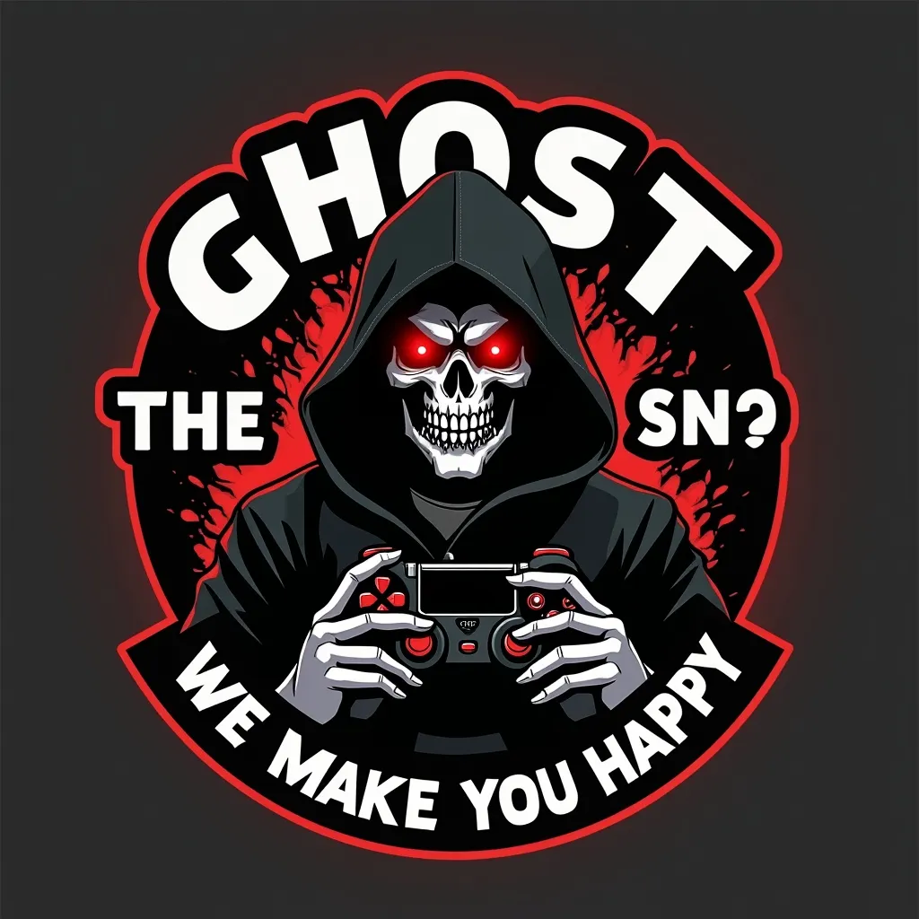 Prompt: A striking logo features a menacing figure shrouded in a dark hood, with a skull-like face accentuated by glowing red eyes, encapsulating a ghostly and gaming-focused theme. The central figure is framed by the prominent text "THE GHOST," depicted in bold, stylized letters, while a game controller rests below, emphasizing the gaming aspect. Surrounding this imagery is a circular border adorned with text that reads "WE MAKE YOU HAPPY," presenting a juxtaposition of the ominous figure and a cheerful message. The overall design is balanced, with a monochromatic color scheme highlighted by the stark contrast of black and white, and the vivid red accents drawing attention to the key elements. This logo effectively conveys a playful yet edgy vibe, appealing to gamers with a sense of humor.
