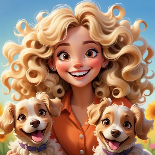 Prompt: Disney-style illustration of a cheerful girl with blonde curly hair, vibrant sunny atmosphere, brown eyes, eyeliner, happy smile, two Yorkshire dogs, high-quality, vibrant colors, sunny lighting, professional, whimsical, playful, cheerful atmosphere