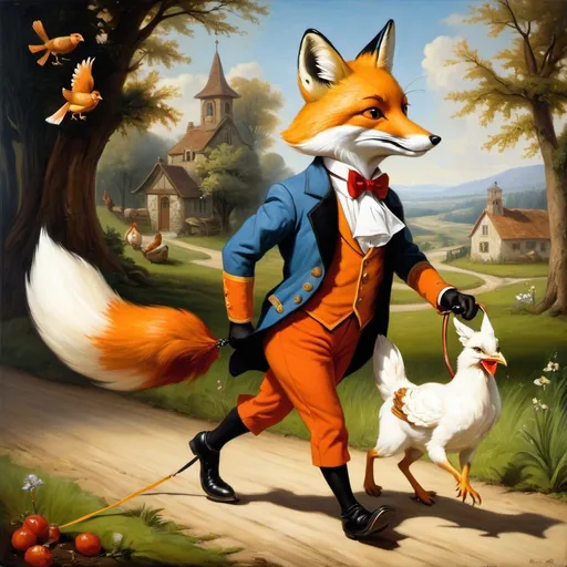 Prompt: a painting of an anthropomorphic fox, walking a chicken on a leash.