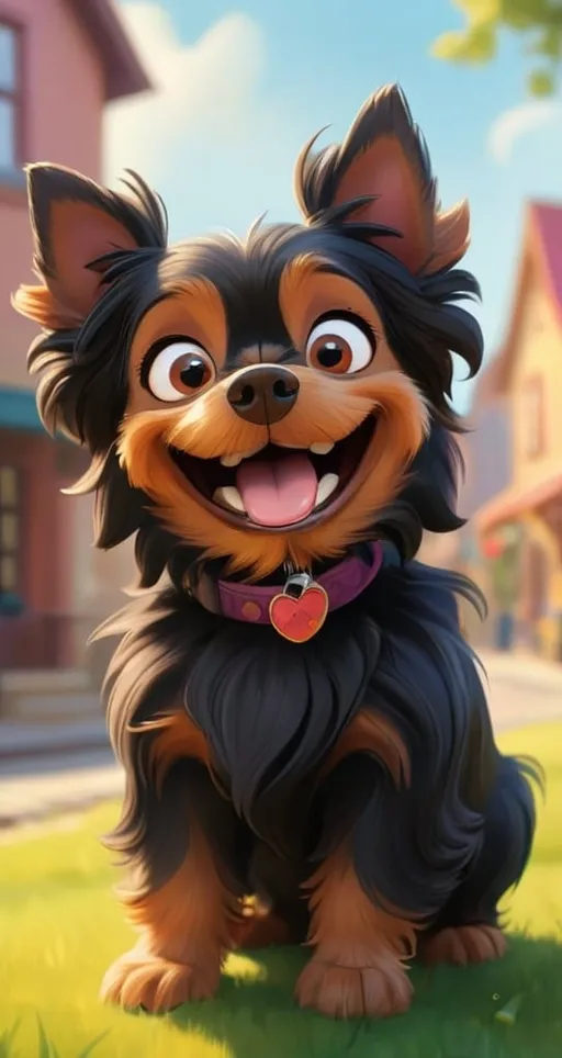 Prompt: Disney-style illustration of a cheerful yorkshire dog with black fur,  vibrant sunny atmosphere, brown eyes, happy ,  high-quality, vibrant colors, sunny lighting, professional, whimsical, cheerful atmosphere
