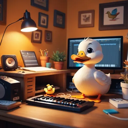 Prompt: Cute duck composing music on computer in cozy room, digital illustration, colorful, whimsical, warm lighting, detailed feathers, focused expression, musical atmosphere, highres, vibrant, digital art, cozy setting, music-making, detailed beak, adorable, cute, professional, warm tones, cozy lighting