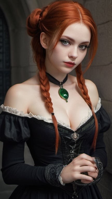 Prompt: Lilith. very prosperous. Dark gothic vampire girl. Red hair, tied in two braids that go down to the sides of the face. Green eyes. Elizabethan dress, tight bodice, very big chest, with short skirt. In his right hand, raised outwards, he holds a tilted black chalice from which blood flows. Full picture.