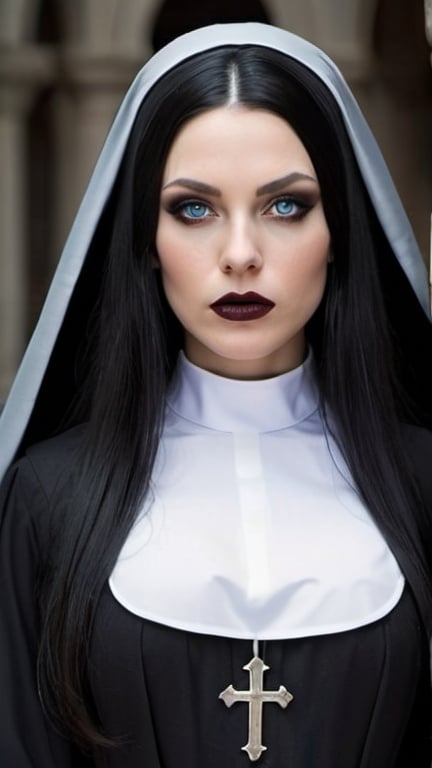 Prompt: Female nun with long silvery black hair, blue-grey eyes with dark eyeliner, and dark crimson lips. She has full enhanced big chest size and exposed