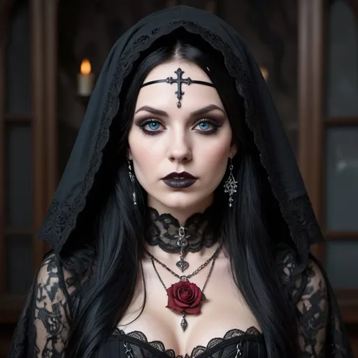 Prompt: Female nun with long silvery black hair, blue-grey eyes with dark eyeliner, and dark crimson lips. She has full chest enhanced and exposed, wears a long black lace cloak with laced hood on her head, and a red and white laced corset with charms. Her jewelry is gothic with skulls and her earrings are large gothic hoops. She is beautiful and intense. She has a tattoo of a rose with blood drop on her collarbone. 