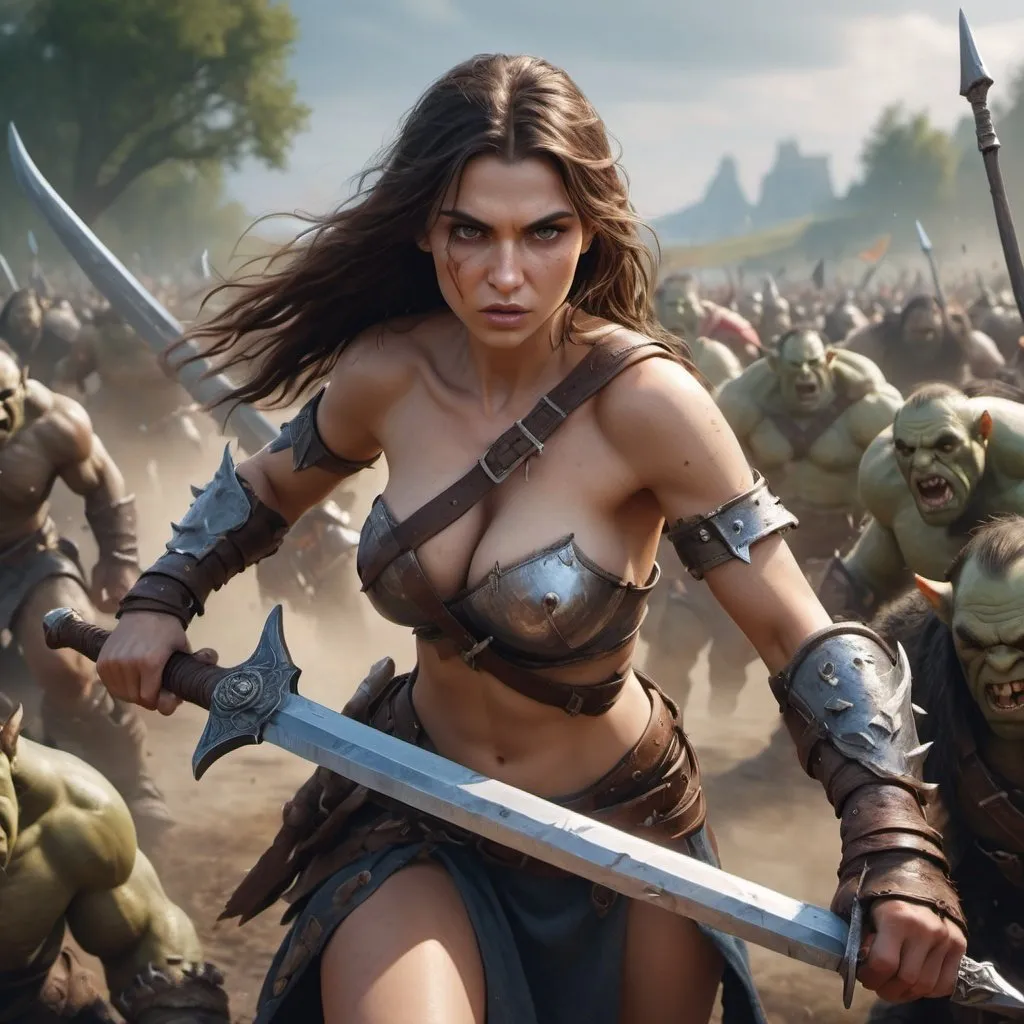 Prompt: splashart UHD, hd , 8k, hyper realism, Very detailed, panned out view, of an extremely attractive, very large cheast, brunette, holding a sword on the battlefield ready to strike an oncoming horde of orcs