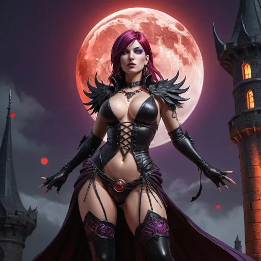 Prompt: morrigan dark stalker, she is reciting a spell, shiny red and purple hair, shiny black costume with laces, right hand up from which magic comes out, FULL CHEST SIZE, revealing cleavage, SENSUAL POSE, perfect composition, hyperrealistic, super detailed, high quality, Splash art, front, hyperdetailed intricately detailed, unreal engine, intricate detail, splash screen, complementary colors, concept art, heavy strokes, splash arts, full height, full body focus, on top of a tower, red moon in the background