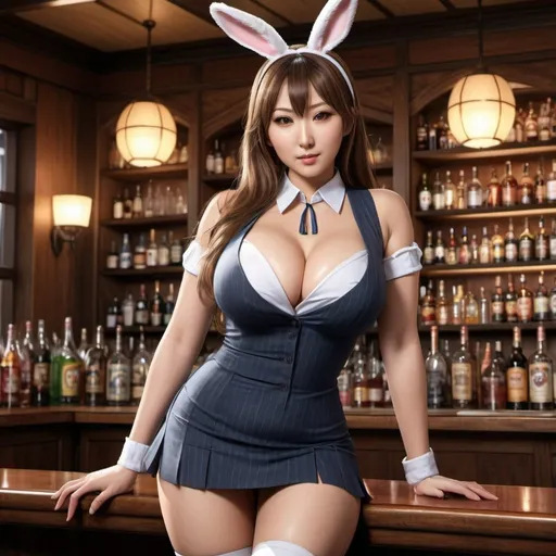 Prompt: hitomi tanaka bunny girl, serving in a bar, FULL CHEST SIZE, revealing cleavage, SENSUAL POSE, skirt, symmetrical, perfect composition, hyperrealistic, super detailed, high quality, Splash art, front, hyperdetailed intricately detailed, unreal engine, intricate detail, splash screen, complementary colors, concept art, heavy strokes, splash arts, full height, full body focus