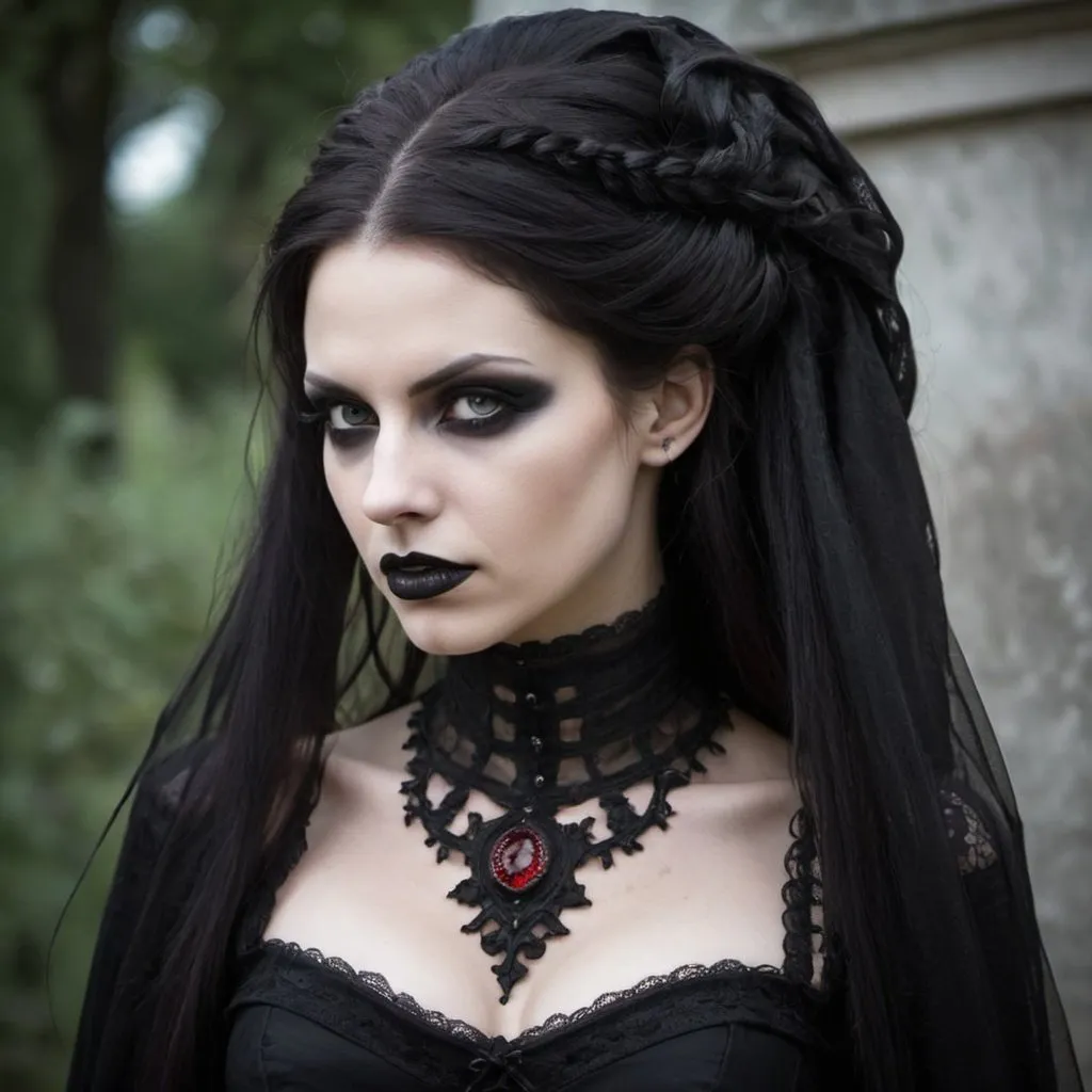 Prompt: Lilith. Ragazza vampiro dark gothic. Capelli rossi e neri, legati in due trecce che scendono ai lati del viso. Abito elisabettiano, bustino corpetto stretto, seno prosperoso, con gonna corta. Nella mano destra, sollevata verso l'esterno, tiene un calice nero, inclinato dal quale esce sangue.