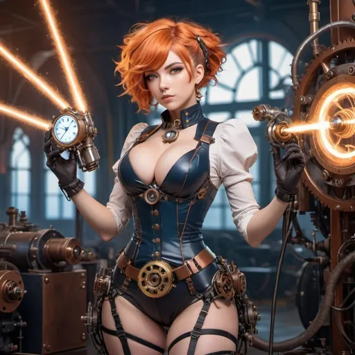 Prompt: Aponia from Honkai Impact, Steampunk woman, victorian suit, FULL CHEST SIZE, revealing cleavage, SENSUAL POSE, leather, brass, clockwork gearing, orange & blue hair, hazel eyes, holding a mechanical device, standing in front of huge sparking Tesla coils, vintage, technology, sci-fi, perfect face, high detail, 8K photo, daylight