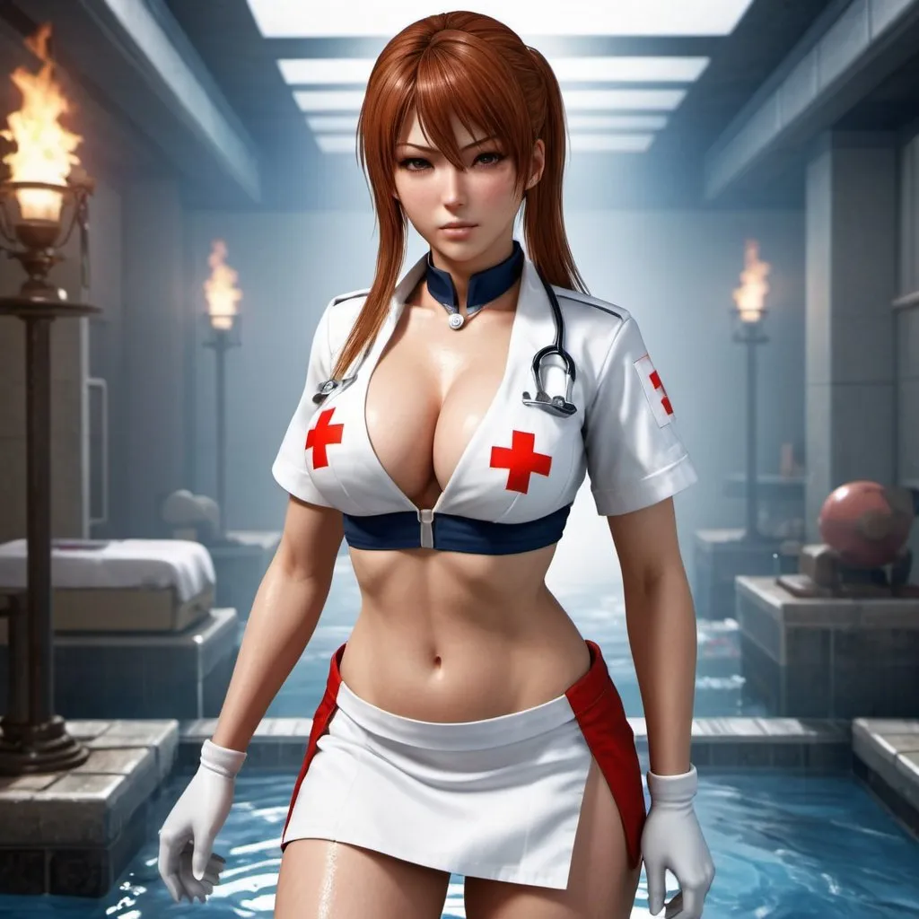 Prompt: Kasumi from Dead or Alive, Tight red cross nurse's micro uniform with skimpy top, FULL CHEST SIZE, deep open neckline, revealing cleavage, SENSUAL POSE, mini skirt, perfect composition, hyperrealistic, super detailed, high quality, Splash art, front, hyperdetailed intricately detailed, unreal engine, intricate detail, splash screen, complementary colors, concept art, heavy strokes, splash arts, full height, full body focus