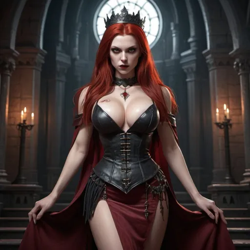 Prompt: VAMPIRE nordic female, dark crown, red hair, FULL CHEST SIZE, revealing cleavage, SENSUAL POSE, skirt, symmetrical, perfect composition, hyperrealistic, super detailed, high quality, Splash art, front, hyperdetailed intricately detailed, unreal engine, intricate detail, splash screen, complementary colors, concept art, heavy strokes, splash arts, full height, full body focus