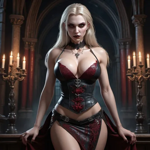 Prompt: VAMPIRE nordic female, FULL CHEST SIZE, revealing cleavage, SENSUAL POSE, skirt, symmetrical, perfect composition, hyperrealistic, super detailed, high quality, Splash art, front, hyperdetailed intricately detailed, unreal engine, intricate detail, splash screen, complementary colors, concept art, heavy strokes, splash arts, full height, full body focus