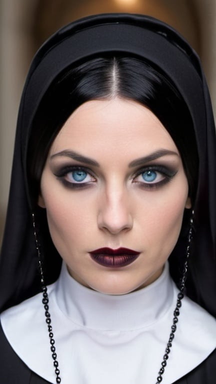 Prompt: Female nun with long silvery black hair, blue-grey eyes with dark eyeliner, and dark crimson lips. She has full enhanced big chest size and exposed