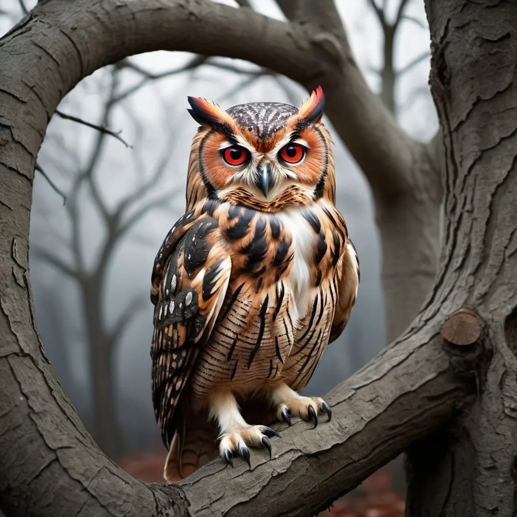 Prompt: Wise red eye owl realistic graveyard background in a tree

