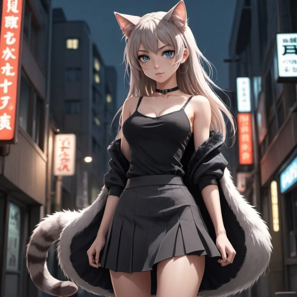 Prompt: Anime, hot, cat girl, detailed eyes, sleek design, professional, best quality, highres, ultra-detailed, cool tones, detailed fur, intense gaze, urban setting, atmospheric lighting, full body, short skirt,barefoot,from head to toe