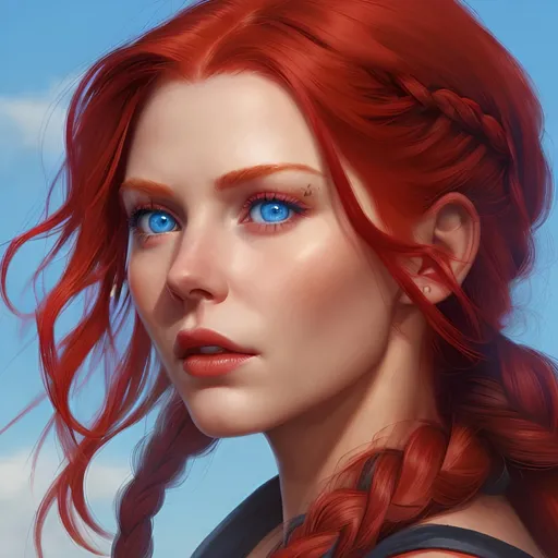 Prompt: Photo realistic woman, with red hair, blue eyes and 2 braid