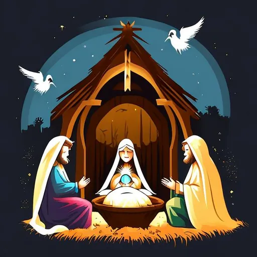 Prompt: nativity, vector, tshirt design, fantasy, beautiful, dark background