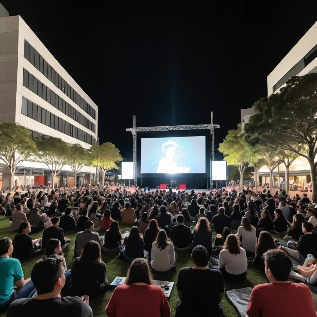 Prompt: disney movie night at auckland aotea square with beam projector, screen, sound system,power supply, lighting & eviroment, safety