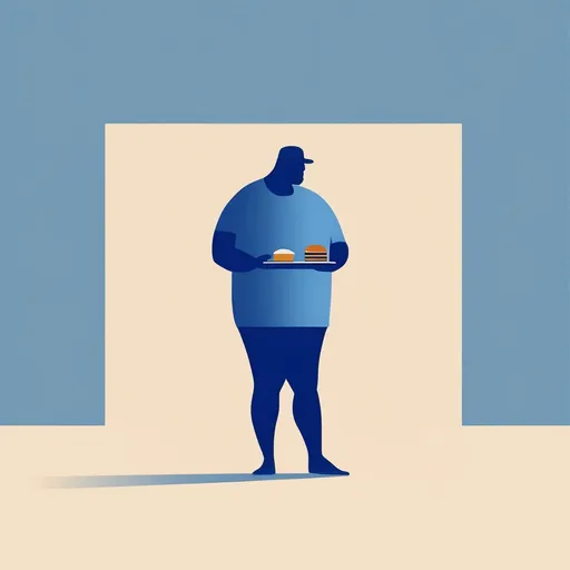 Prompt: Minimalist man standing gradient background, beige walls blue square, silhouette,straight lines, flat, big man chilling in the middle with some food

