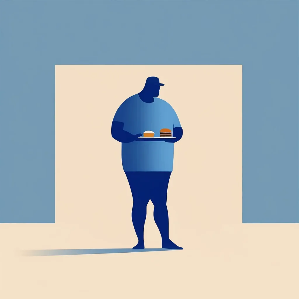 Prompt: Minimalist man standing gradient background, beige walls blue square, silhouette,straight lines, flat, big man chilling in the middle with some food

