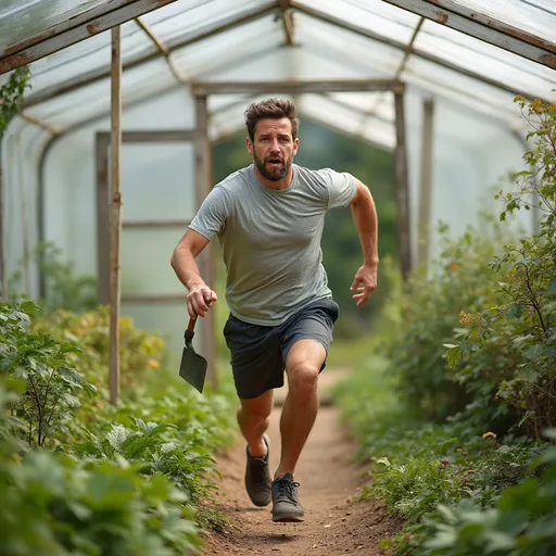 Prompt: A man running away from a greenhouse. He has a look of terror on his face. The scene is seen from the front. It is a warm day and the man is wearing shorts and a t-shirt. He is holding a small garden spade in his hand.