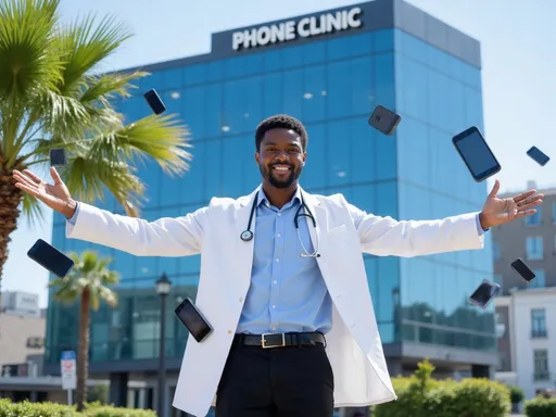 Prompt: A young Black man standing outdoors in a bustling urban setting with spread arms. He has a medium-dark skin tone, short black hair, and a neatly trimmed beard. He is wearing a white doctor's lab coat with a stethoscope around his neck, and a plain sky blue shirt underneath. His black pants are slightly loose-fitting. He stands confidently with a slight smile, looking directly at the camera.

In the background, there is a modern glass building with a reflective blue facade that occupies most of the upper half of the image. The building has some windows and a large, boldly visible word "PHONE CLINIC" in white letters on the upper side. To the left, there is a large green palm frond extending into the frame, adding a touch of nature to the urban scene. Mid air, he's surrounded with various android phones appearing has his patients. The sky is clear and blue, suggesting a sunny day. The overall composition combines urban elements with natural touches, creating a vibrant and dynamic cityscape.