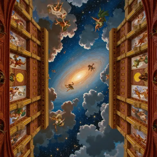 Prompt: Space, Galaxy, library and pillars 