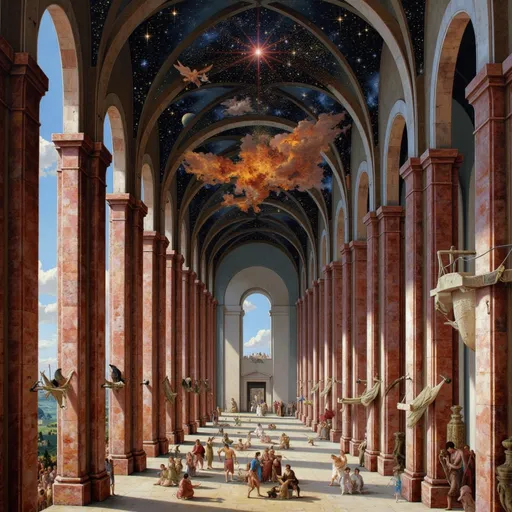 Prompt: Space, Galaxy, library and pillars 