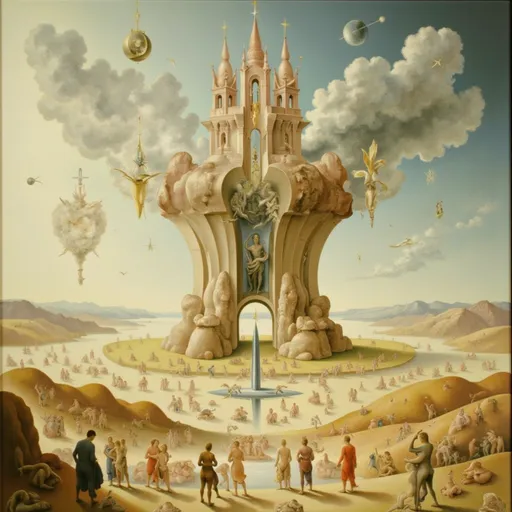 Prompt: Open plain with a covenant religious zealot civilization in the far distance and geometry shapes flying in the sky 