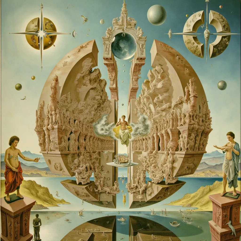 Prompt: Spherical mirror planet reflecting God like civilization with Roman palaces on the coastline of the Nile river