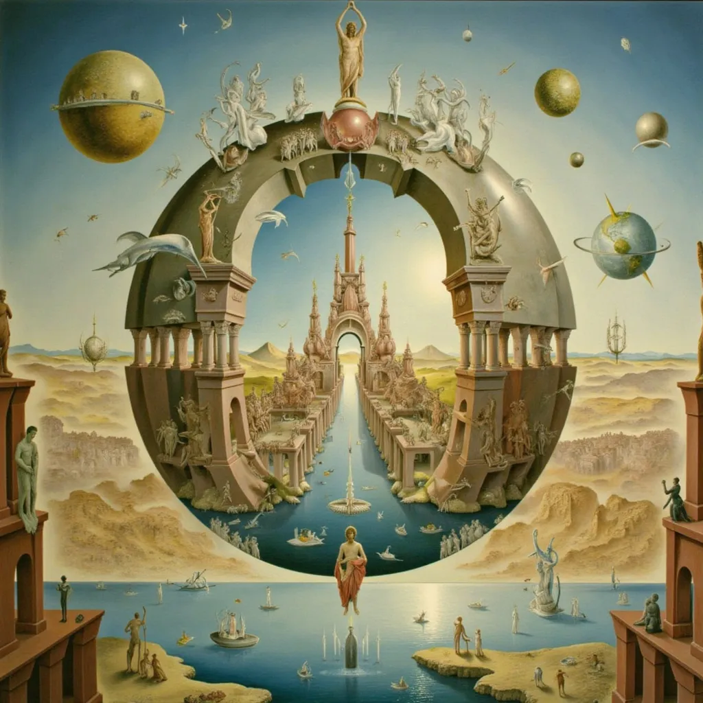 Prompt: Spherical mirror planet reflecting God like civilization with Roman palaces on the coastline of the Nile river