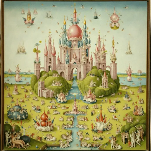 Prompt: Open plain with tall castles in the far distance 