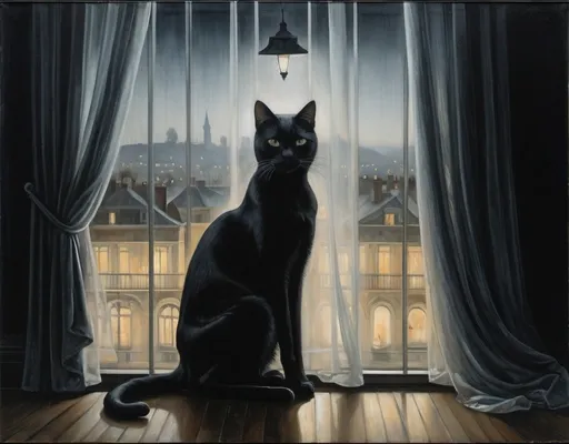 Prompt: Painting in the Paul Delvaux style, during the night, black cat silhouette behind white curtain with high opacity in the style of Paul Delvaux