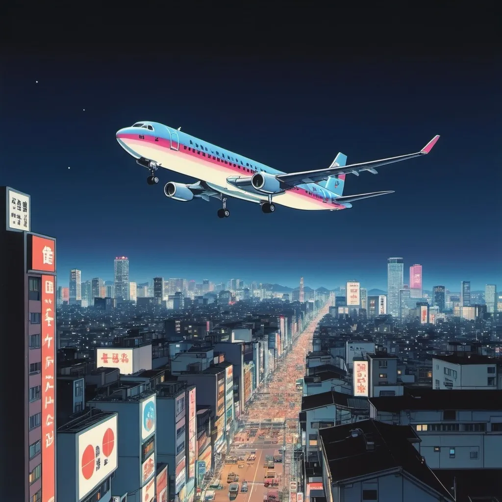 Prompt: Create plane flying high in sky of big japan city with the perspective of people see the plane from far away with the same level as the plane and make the plane look small like hiroshi nagai and make it like its 80s city pop japan and make it on night