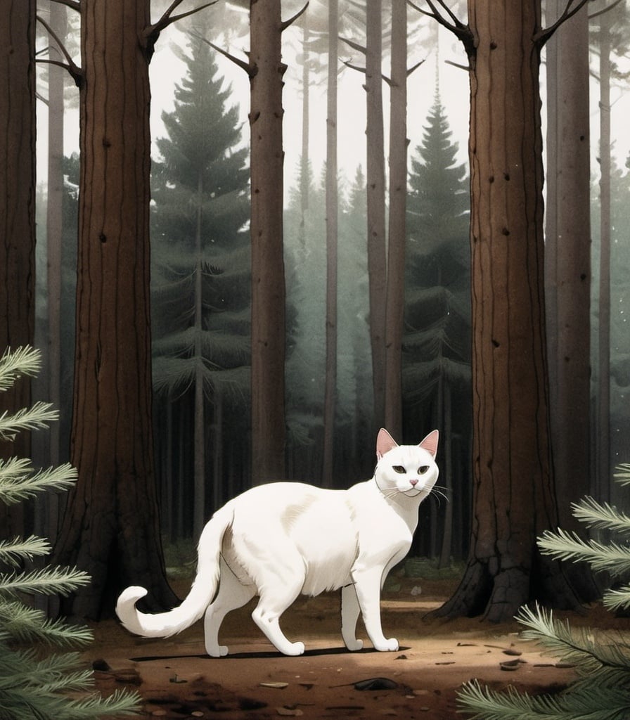 Prompt: illustration of a white cat standing in the middle of a pine forest, similar to a typical northern european forest