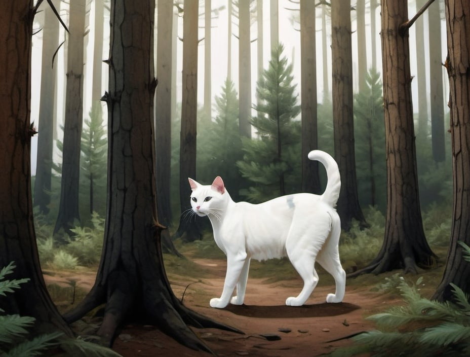 Prompt: illustration of a white cat standing in the middle of a pine forest, similar to a typical northern european forest. Forest should have a decent amount of ''greenery'' or foliage, looking close to realistic whilst also having the painterly strokes visible