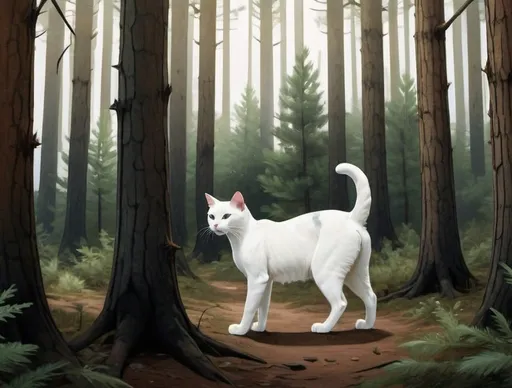 Prompt: illustration of a white cat standing in the middle of a pine forest, similar to a typical northern european forest. Forest should have a decent amount of ''greenery'' or foliage, looking close to realistic whilst also having the painterly strokes visible