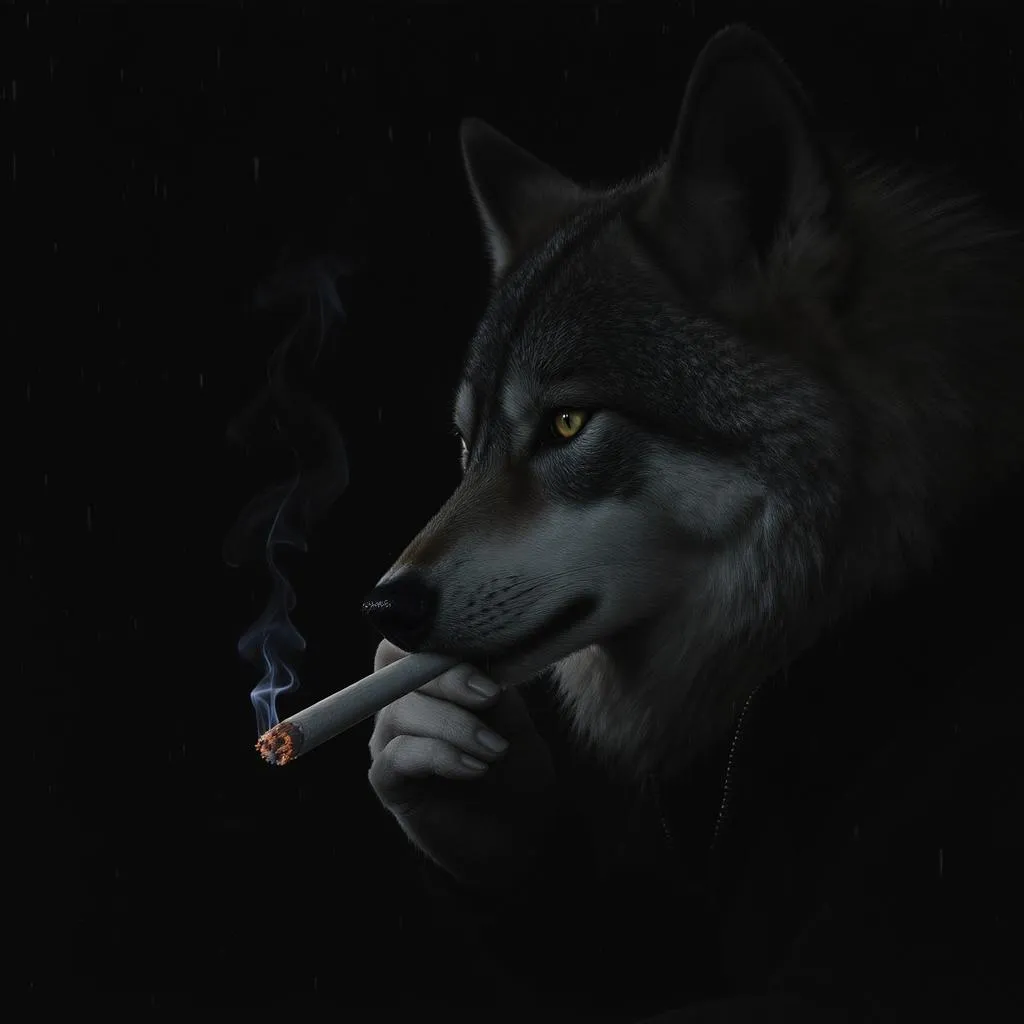 A wolf smoking a cigar at night alone