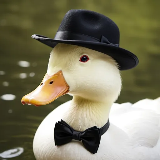 Prompt: adult white duck with a black fedora and a black bow tie

on a side profile