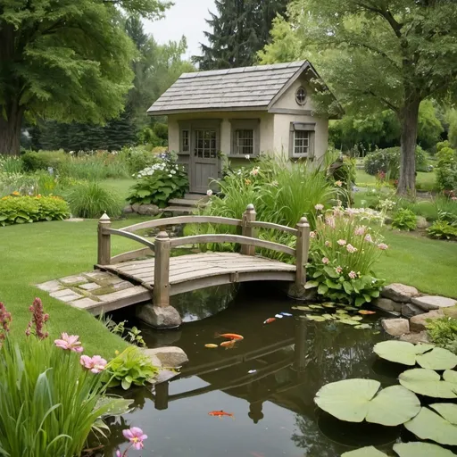 Prompt: two small pond connection together , and small bridge between the small pond with fish , under the trees and grass , flowers ,  plus a small tools house in the back yard ,  