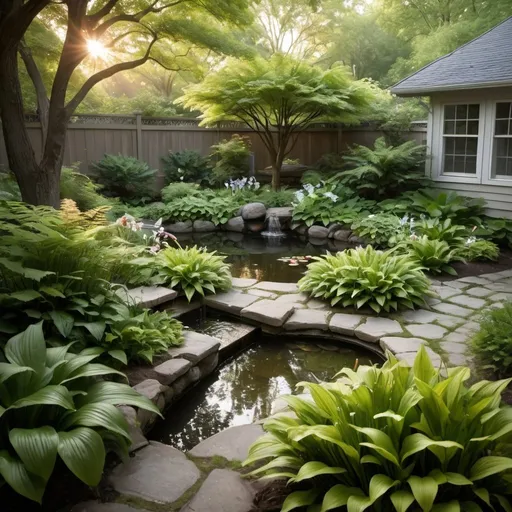 Prompt: In your peaceful backyard, the day transitions into a tranquil evening. You’re seated comfortably in a cushioned wicker chair, facing a beautiful fish pond. The pond, home to colorful koi, is the centerpiece of the yard. They glide gracefully through the clear water, creating ripples that catch the soft, golden light of the setting sun.

Surrounding the pond, lush greenery flourishes. Ferns, hostas, and flowering plants like lilies and irises add splashes of color and texture. A small, elegant fountain in the pond adds a soothing, continuous trickling sound to the ambient symphony of the evening.

Above, tall oak and maple trees form a natural canopy. Their leaves, rustling gently in the breeze, cast dappled shadows on the ground. Birds—finches, sparrows, and perhaps a robin—flutter and sing softly in the branches, preparing to roost for the night. The air is fresh and slightly cool, carrying the scent of blooming flowers and moist earth.

Soft garden lights begin to glow as dusk deepens. They line a stone pathway that winds through the garden, leading to a cozy wooden bench in a secluded corner. The lights create a magical, almost ethereal atmosphere, inviting you to relax and enjoy the serene surroundings