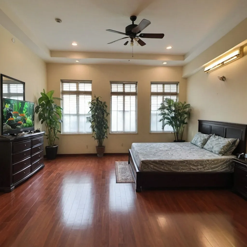Prompt: very large master master room with 5 height windows ,   one king side bed plus the two bed drawer with the two fish tanks on top it and  one dressing drawer with one fish tank on the top , plus two indoor money plants!  hard woods floor!