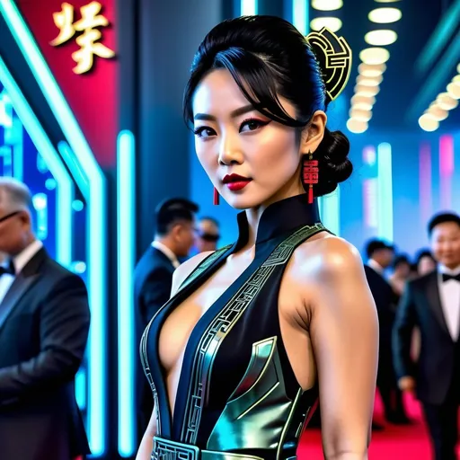 Prompt: A glamorous Asian actress in a cyberpunk future at a gala event wearing a classy but alluring Chinese style dress