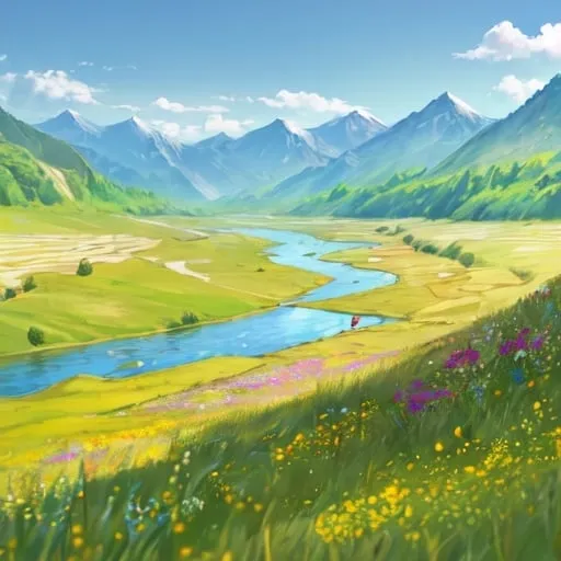 Prompt: A warm sunny day with light breeze from the grassland with wild flowers on both sides of river which come from mountains in  a fantasy world 